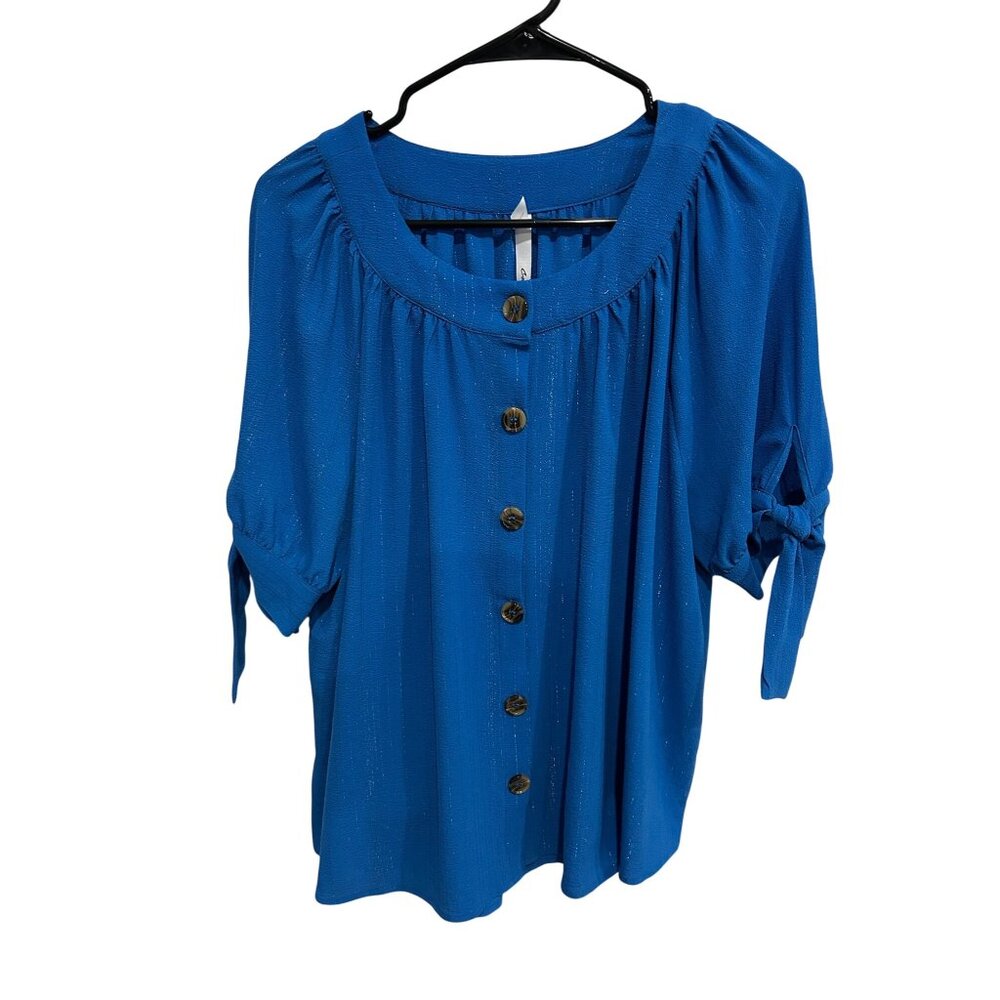 NY Collection Blue Tie Sleeve Button Front Blouse Size Large Shimmer Lightweight